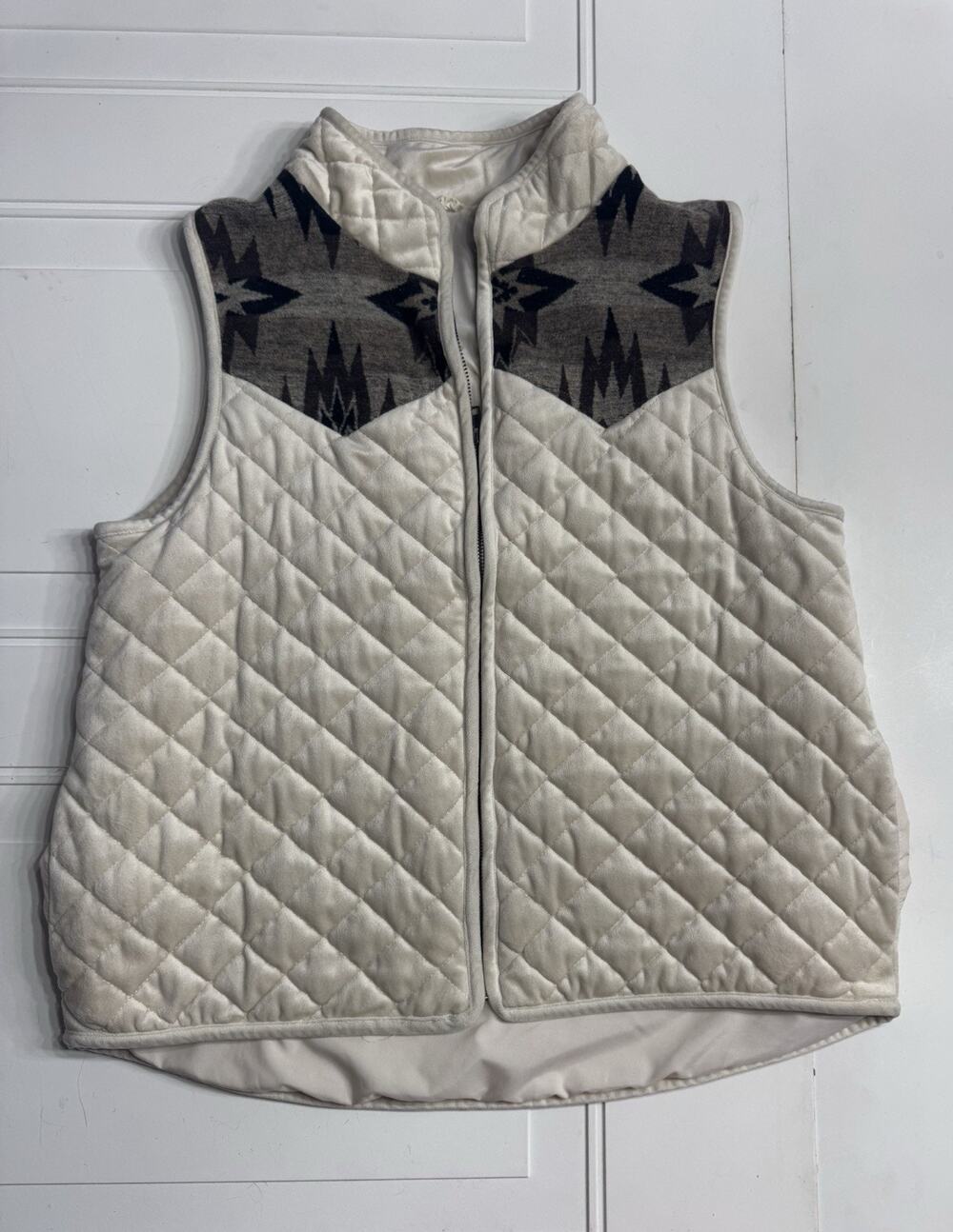 Hem & Thread Womens Sz L Sleeveless Vest Tan Beige Aztec Boho Collared Full Zip